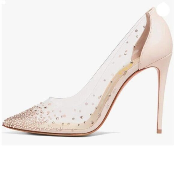 FSJ Light Pink Studded Pointed Toe Transparent Pumps High Heels Shoes - Picture 1 of 8